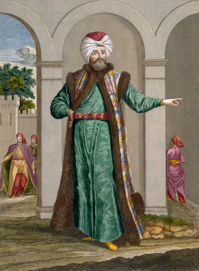 Bostangi-Bachi，由Charles de Ferriol撰写的“代表黎凡特的不同国家的百幅图片集”中的第18页，由Gerard Scotin（1671-1716）雕刻，1707-08（彩色en 作者 让·巴蒂斯特·范穆尔